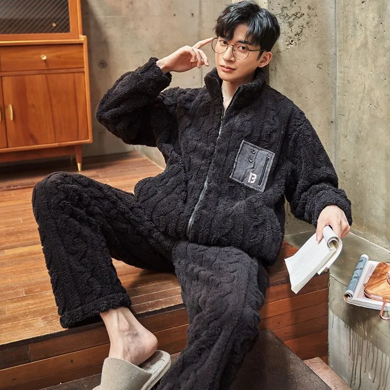 2024 New Coral Fleece Men's Pajamas Autumn Winter Sleepwear Thick Warm Homewear Stand Collar Zipper Flannel Warm Loungewear Set