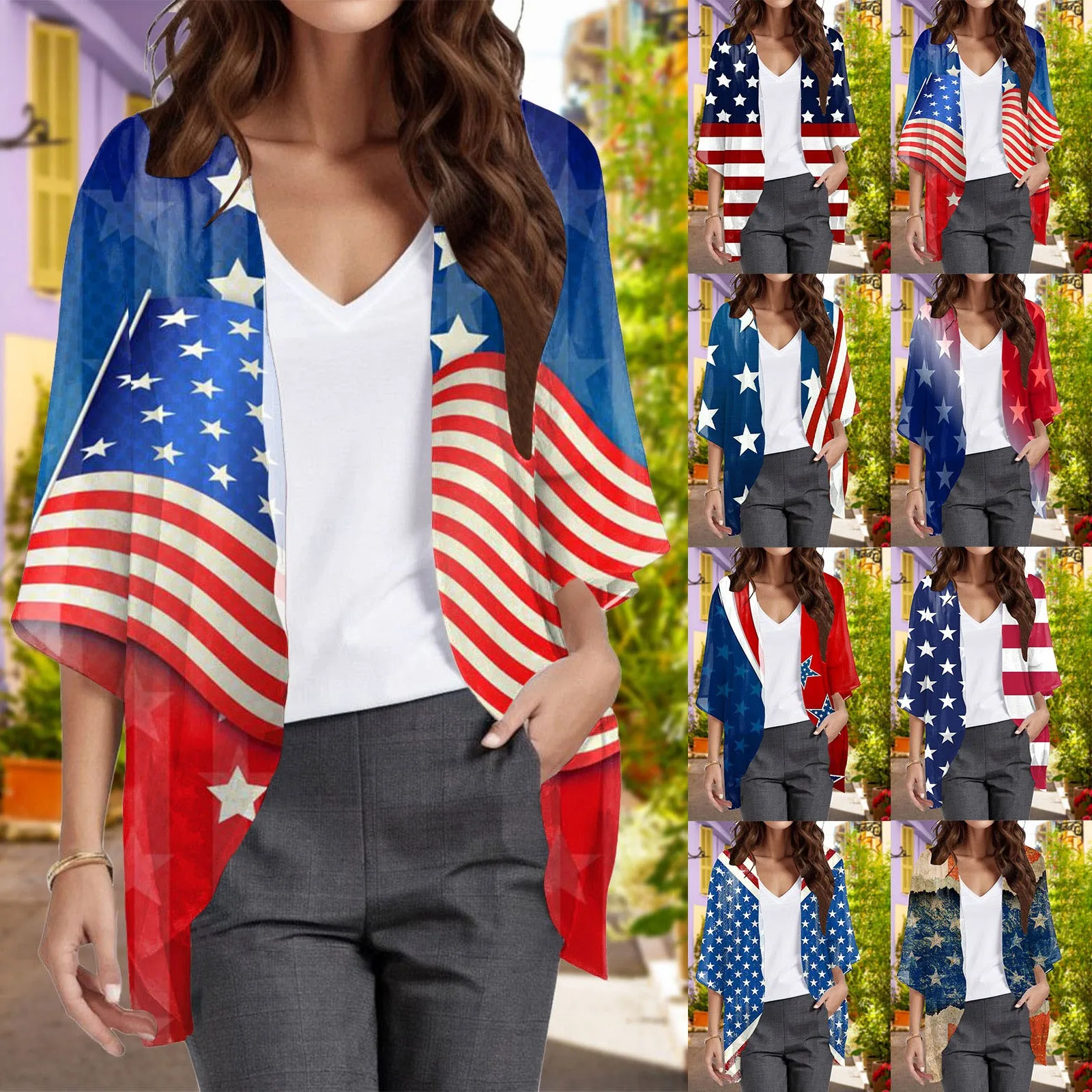 

Women'S Vintage Floral Shirts Casual Simple Short Sunscreen Blouse Loose Kimono Cardigan USA UK National Flag Graphic Tops