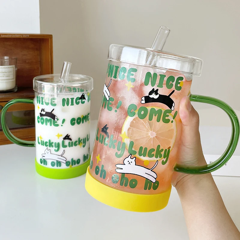 1000ml Large Capacity Glass Cute Cartoon Clear Cup with Handle and Lid  Straw Coffee Milk Juice Cups Heat Resistance Milk Mug