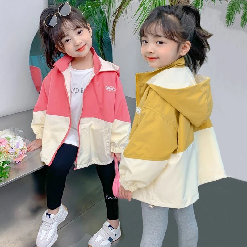 

Colorblocking Trench Coats Spring Girls Fashion Hooded Jackets Autumn Children Clothes New Casual Zipper Outerwear 1-12 Year Old