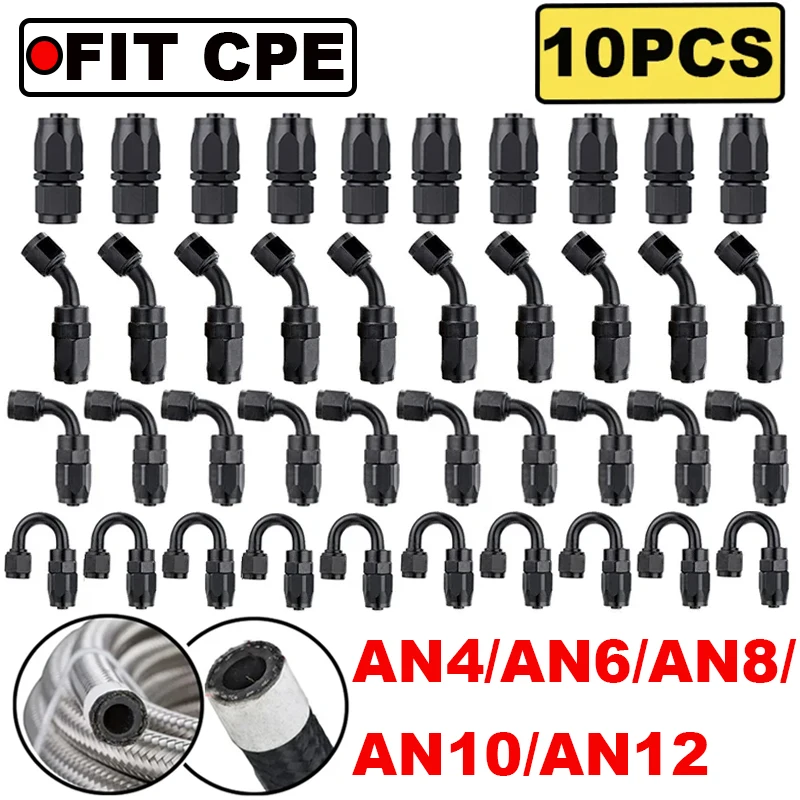 

10Pcs AN4/6/8/10/12 Swivel Hose End Fittings Oil Fuel Pipe Reusable Adapter Hose End Tube Connector for Braided CPE Fuel Hose