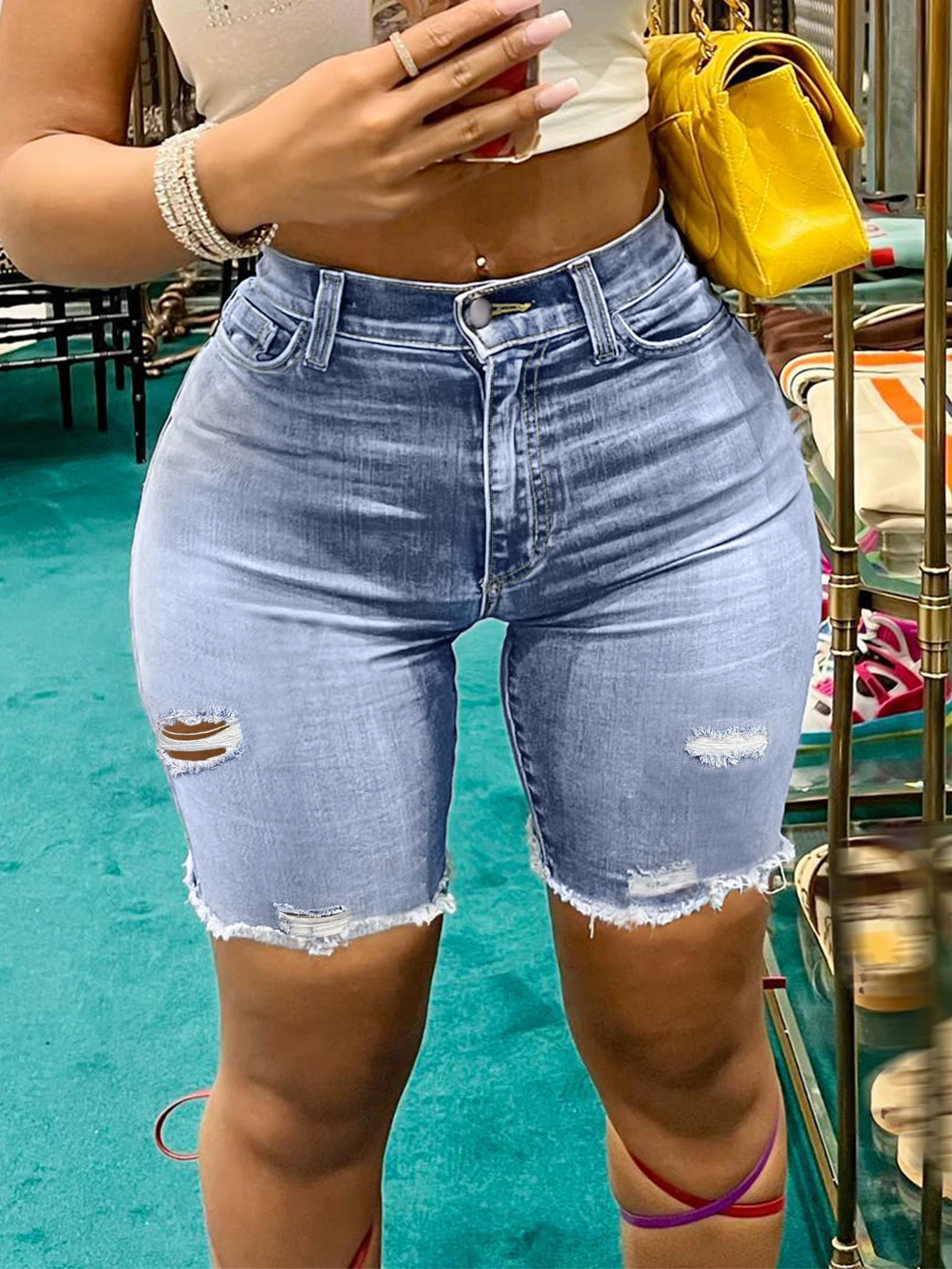 LW Ripped Raw Edge Micro Elasticity Denim Shorts Women Spring Summer Solid Color Mid Waist Zipper Casual Shorts Daily Bottoms