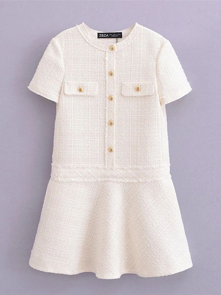 

Chic Lady Gold Buttons Spring Autumn A-Line Beige Short Dress 2024 Womens O-Neck Short Sleeve Mini Dresses