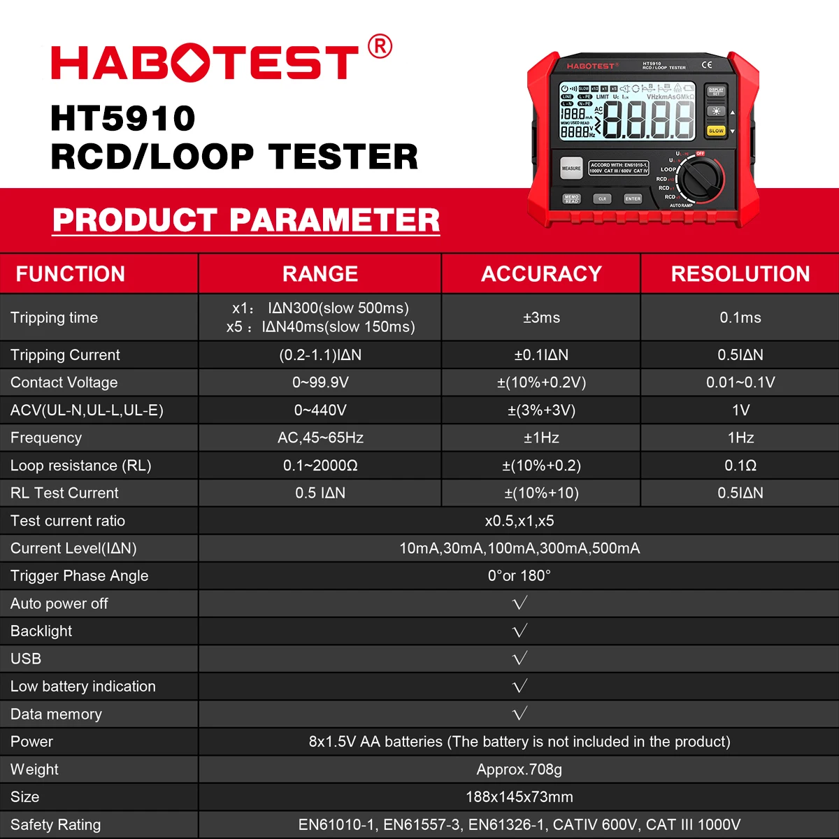 HABOTEST HT5910 Leakage Switch Tester LCD Digital Resistance Meter RCD/Loop Tester 1000 Data Storage Voltmeter Megohmmeter resistance tester