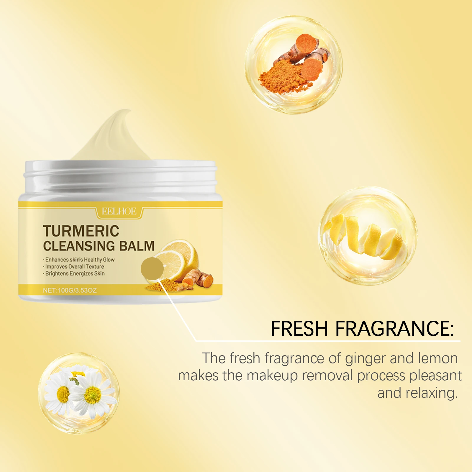 Ginger Lemon Makeup Remover Cleansing Facial Non-Tightening Gentle Makeup Face Eye Lip Makeup Remover Turmeric Cleansing Balm 4
