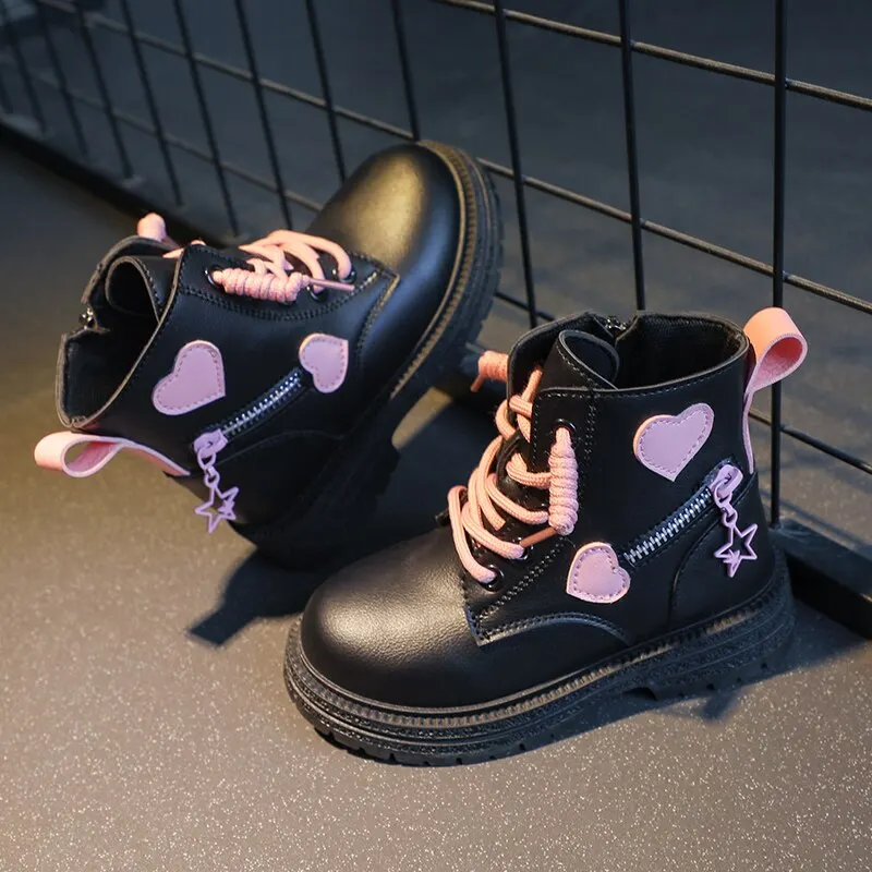 Girls Ankle Boots Fashion Princess PU Leather Rubber Outsole Children's Short Boots Autumn Winter Zipper Pink with Love Heart