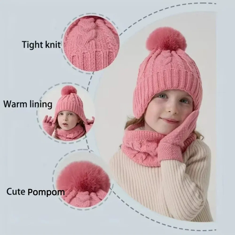 Soft Solid Color Baby Hat Scarf Gloves Set Cute Pompom Warm Ears Toddler Knitted Hats Thickened with Velvet Hat Set Outdoor