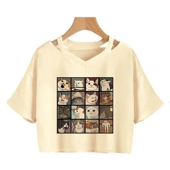 Cropped Aesthetic Y2k 90s Funny Cute Cat T Shirt Women Crop Top Shirt Harajuku Graphic Ulzzang T-shirt 90s Tshirt Top Tee Female 1