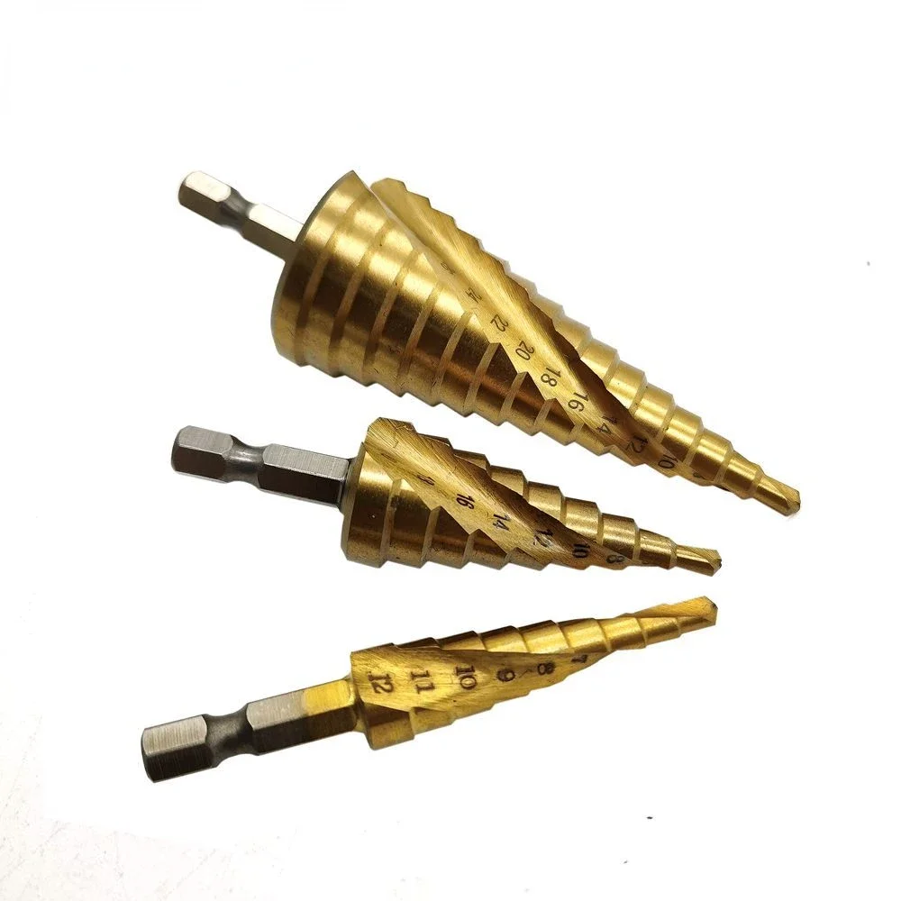 3Pcs HSS Spiral Groove twise Step Cone Drill Bit Set Flute Pagoda Metal Hole Cutter Titanium Coated Wood Drill 4-12/20/32mm