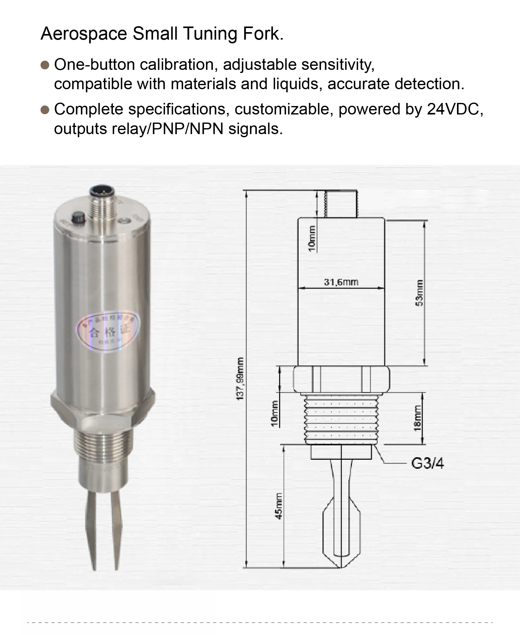 Relay Output Stainless Steel Tuning Fork Level Switch Sensor for Industrial Pipe