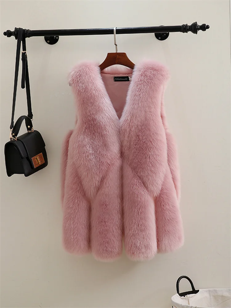 

Pink Sweet Vest Long Imitation Fox Fur Sleeveless Waistcoat 2022 Autumn Winter New Temperament Light Luxury Thick Warmth Jackets