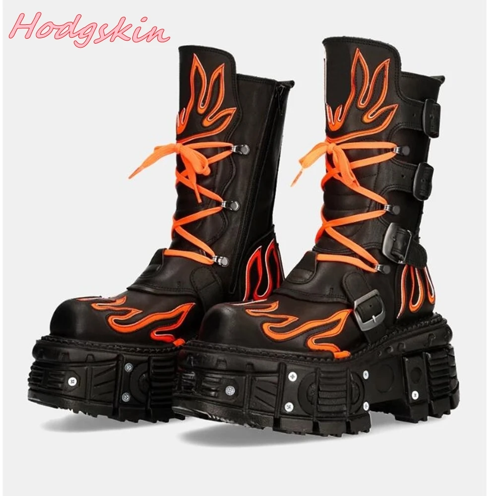 Punk Retro Fashion Women Boots Round Toe Thick Sole Lace Up Flats Boots 2024 Metal Decoration Leather Mid Calf Boots Hot Sale