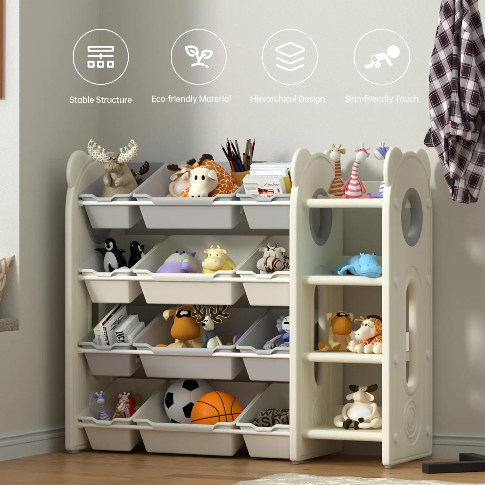 Kids Toy Storage with 12 Removable Plastic Bins,Modern Toy Kids Book Rack Storage Bookshelf,for Playroom,Daycare & Nursery.L