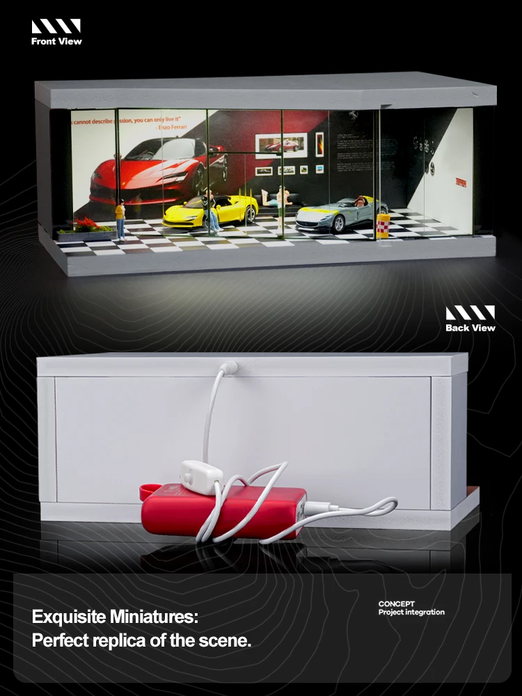 1/64 Auto Shop Miniature Scene Model Simulation Parking Lot with Lights Garage Storage Display Box 