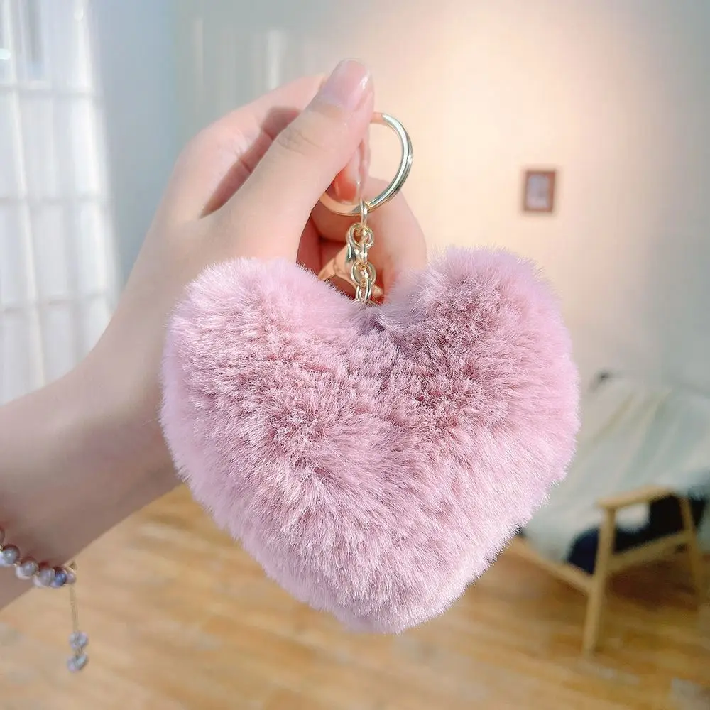 Liebe Herz Plüsch Tasche Anhänger Flauschigen Ball Auto Schlüssel Ring Nachahmung Kaninchen Fell Einfarbig Schlüssel Kette Tasche Zubehör – Detail 14