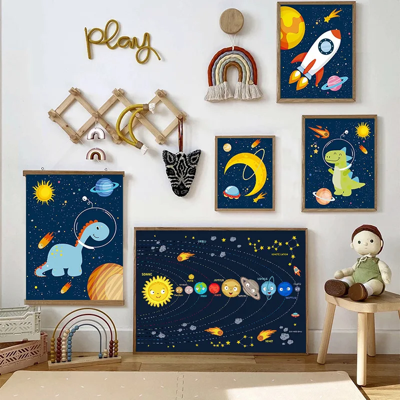 

Custom Name Space Astronaut Canvas Painting Cartoon Dinosaur Personalized Poster Nursery Wall Art Picture Home Decor Kids Room