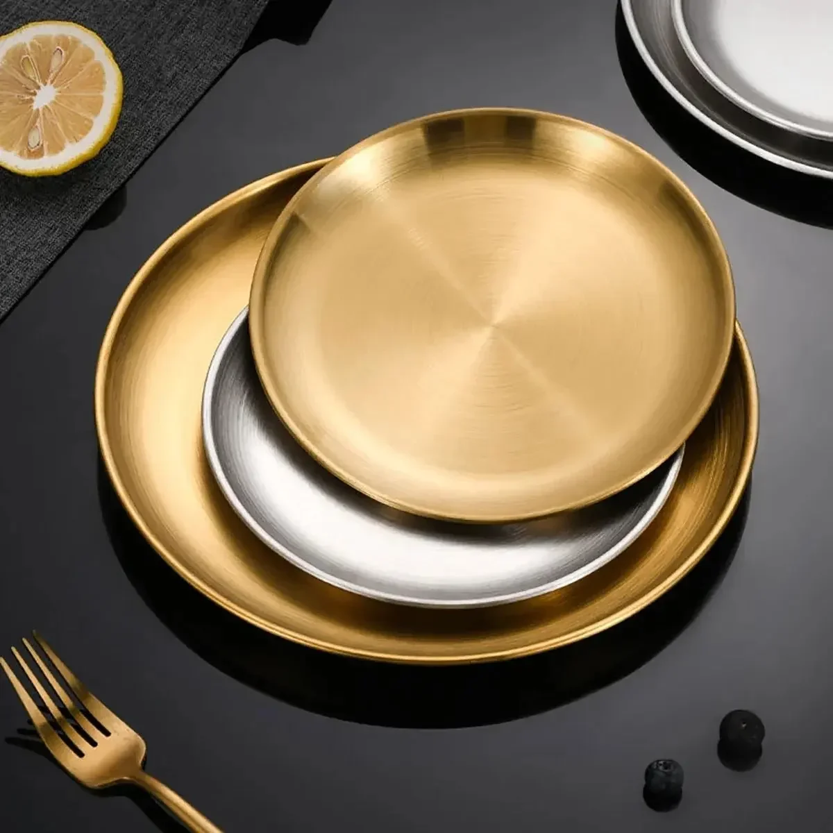 4Pcs Stainless Steel Bone Spitting Dish Gold Silver Shallow Tray Round Plate Metal Dining Disc Dessert Tableware