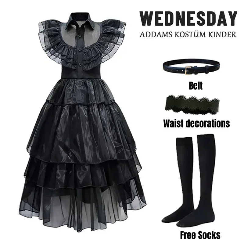 Cosplay Costume Kids Girls Dress Halloween Dress Outfit Wednesday Addams Dress Up Costume for Girls Birthday Halloween Cosplay Party Dress with Wig Socks Belts For Kids 2-12 Years