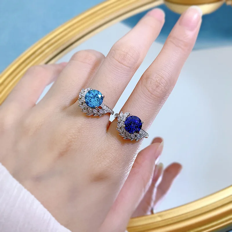 

2023 New S925 Silver Ocean Blue Treasure 8mm Round Diamond Ring for Women in European and American Ins Fashion Versatile