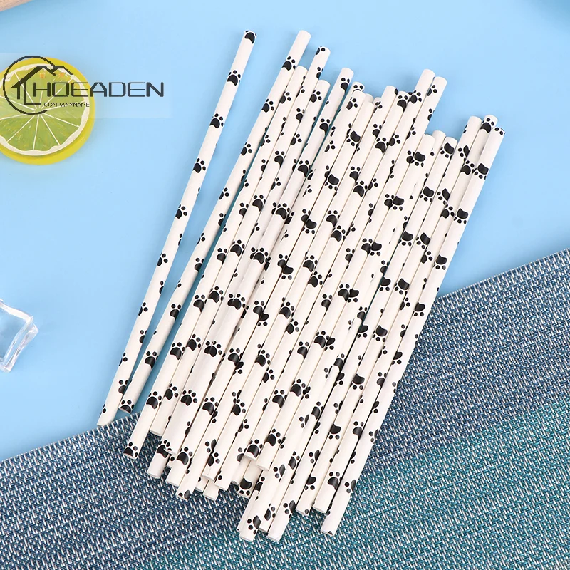 

25Pcs Dog Cat Paw Print Paper Drinking Straws Black White Birthday Party Supplies Pet Theme Party Decorations For Girls Boys