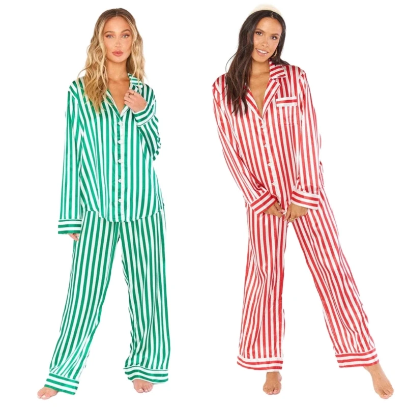 2023 New Women 2 Pieces Christmas Striped Long Sleeve Button Shirts and Pants Imitation Silk Pajamas Set Sleepwear Home