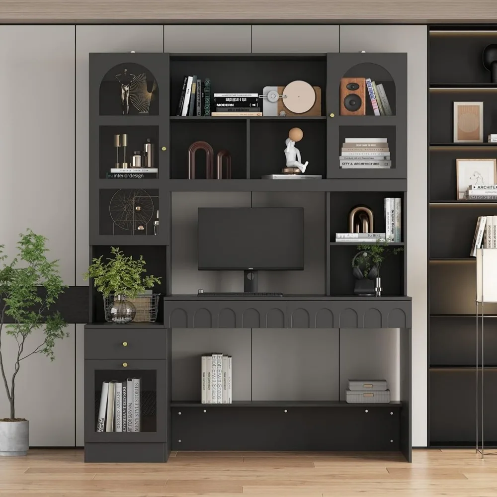 62 Inch Home Office Desk with Shelves, Cabinet Desk with Drawers and Glass Doors, Computer Desk with Storage Cabinets 2