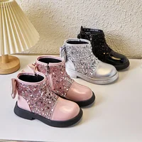Children's Short Boots 2024 New Fashion Sequin Bow Baby Girl Princess Leather Shoes Autumn Soft Sole Non Slip Kid‘s Casual Shoes 3