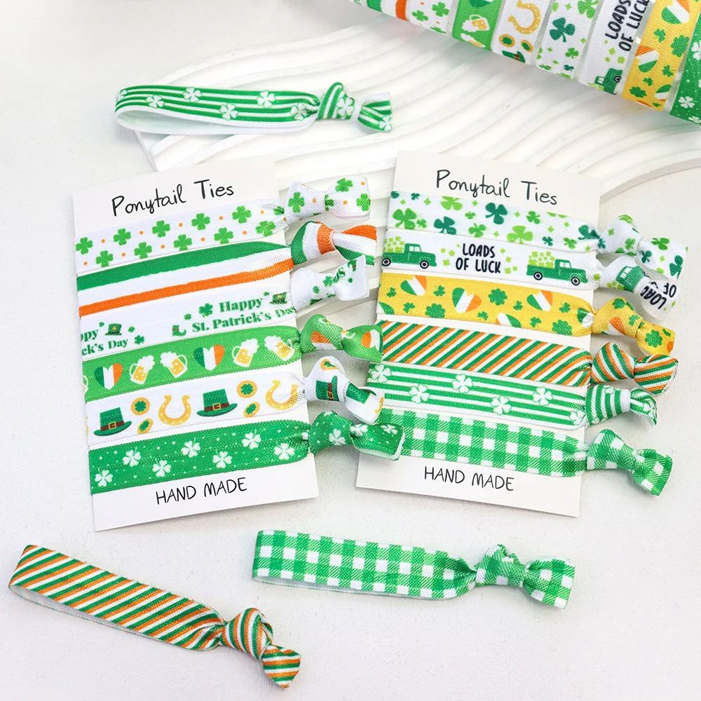 

12Pcs 5/8'' 15mm Green Saint Patrick's Day Print Fold Over Elastic Band Hair Tie FOE Ribbon Bracelet Ponytail Holder