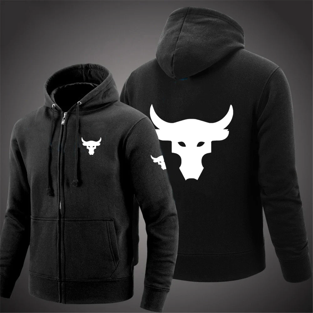 thumbnail image 1 of 2024 Spring Autumn Men's Dwayne Johnson Brahma Bull Tattoo Logo Printed Classic Zipper Solid Color Sports Casual Loose Hoodies, 1 of 4