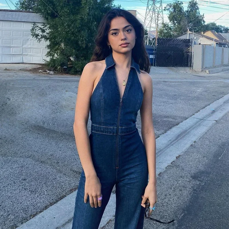 Vintage Denim Jumpsuit V Neck Zipper Bell Sleeveless Sexy Outfits Elegant Backpacks Party One-Piece Rompers Overalls Summer