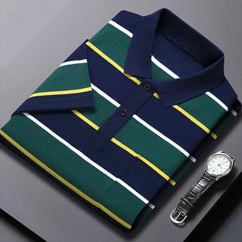 Smart Casual Men Short Sleeve Striped Polo Shirts Korean Streetwear Summer Male Clothes Tees Business Fashion Casual Loose Tops