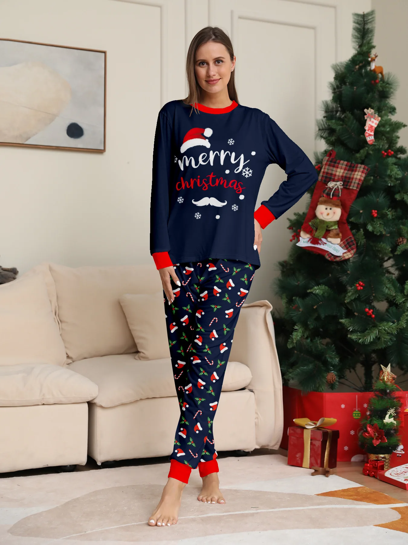 Christmas Family Matching Outfits Mother Father Kids Pajamas Set Santa Hat Print Loose Xmas Sleepwear Baby Romper Dog Clothes 4