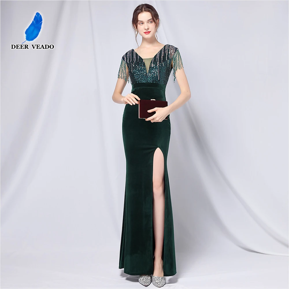 

DEERVEADO Mermaid V Neck Velvet Evening Dresses with Beads Sexy Slit Formal Dress for Woman Party Maxi Dress Prom Gown