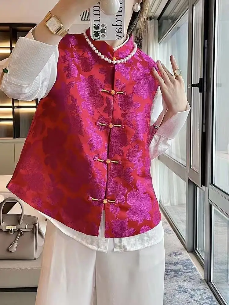 

2023 new chinese style women fashion daily vintage floral jacquard oriental vest lady graceful tangsuits versatile vest coat