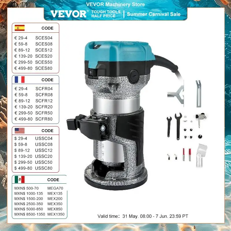 VEVOR Défonceuse à Main Électrique 710 W Affleureuse à Bois, 13000-33000 tr/min Kit de Routeur Compact, Outil Menuiserie de Routeur avec Base Fixe Mèches 6 mm+8 mm pour Rainurage Sculpture du Bois