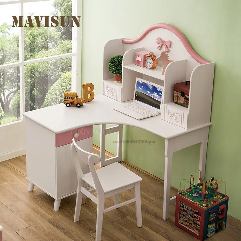 Solid Wood Children's Desk And Bookcase Combination Pink Simple Student Corner Computer Desk Multifunctional Home Furniture
