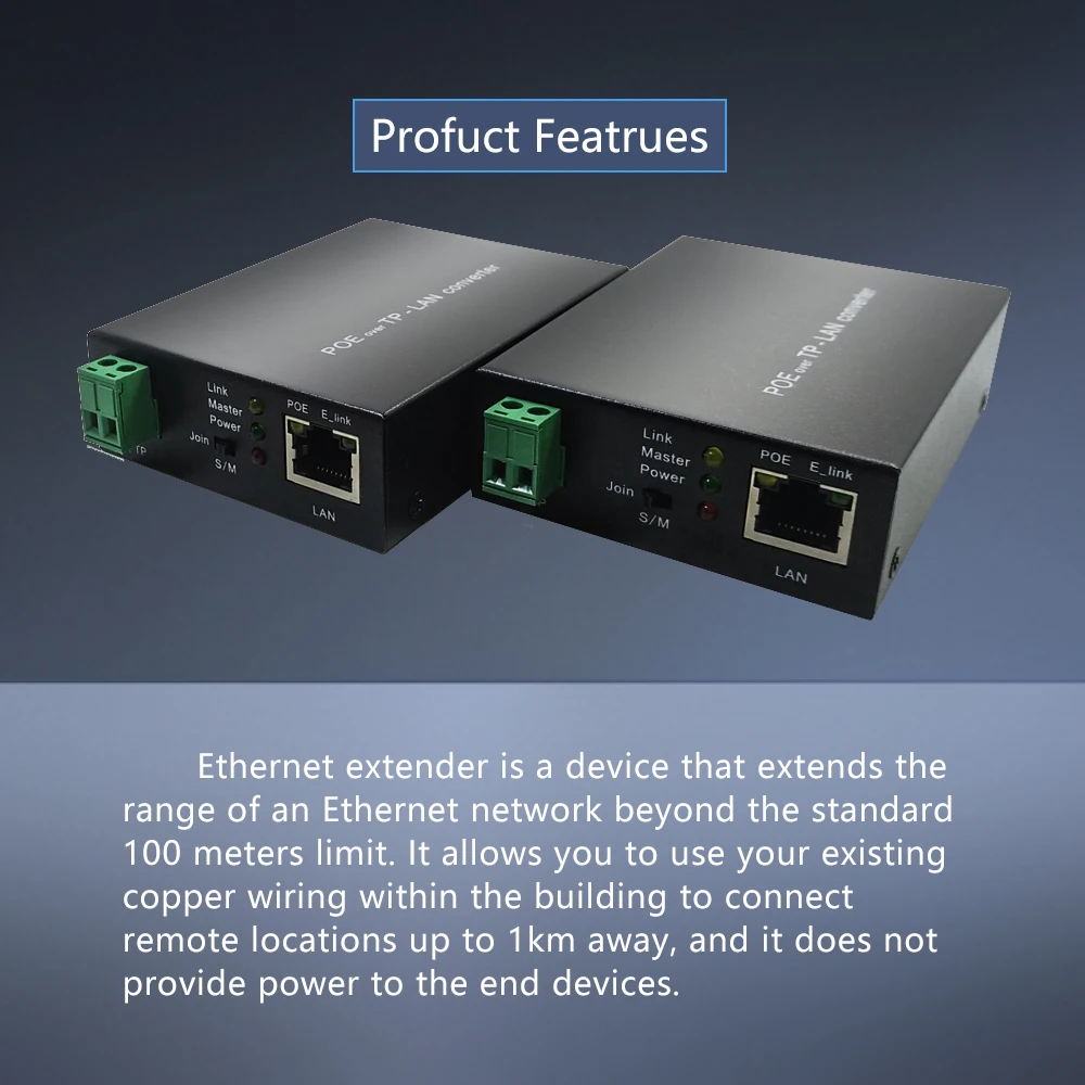 10/100Mbps Ethernet repeater converter over Twisted Pair 2-wire PoE extender 500m long distance for IP Camera