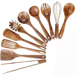 Premium Acacia Wood Kitchen Utensil Set - Durable Cooking Tools Collection (10 Pieces)