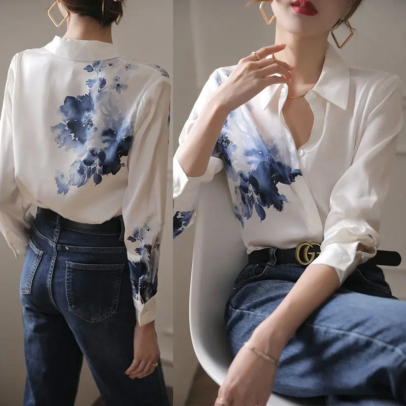 Fashion Lapel Button Printed Floral Shirt Women's Clothing 2022 Autumn New Office Lady Tops Loose Long Sleeve Casual Blouse