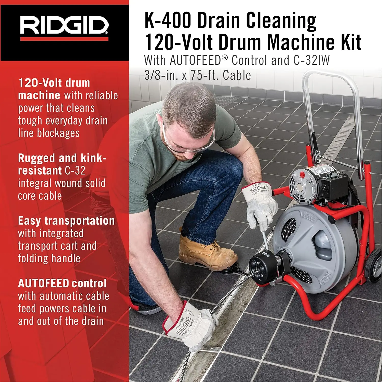 

RIDGID K-400 Drain Cleaning 115-Volt Drum Machine Kit with AUTOFEED Control and C-32IW 3/8" x 75' Cable