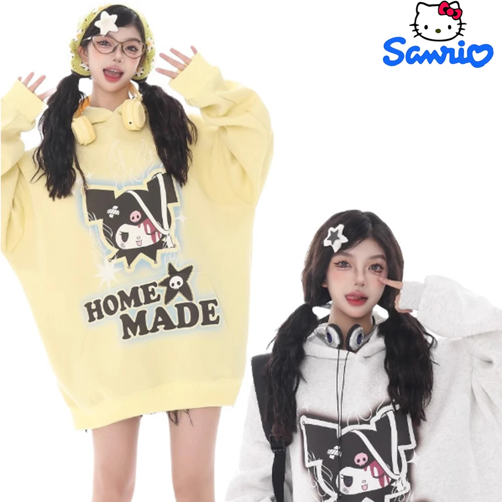 

Anime Sanrio Kuromi Women's Pure Cotton Printed Hooded Sweatshirt Kawaii Girly Autumn Winter Loose Velvet Casual All-Match Coat