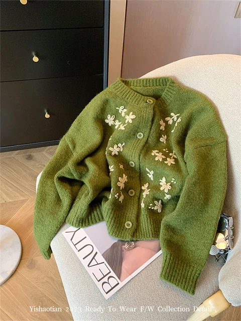 American Vintage Cozy Cardigan Bohemian Flower Embroidery Autumn 