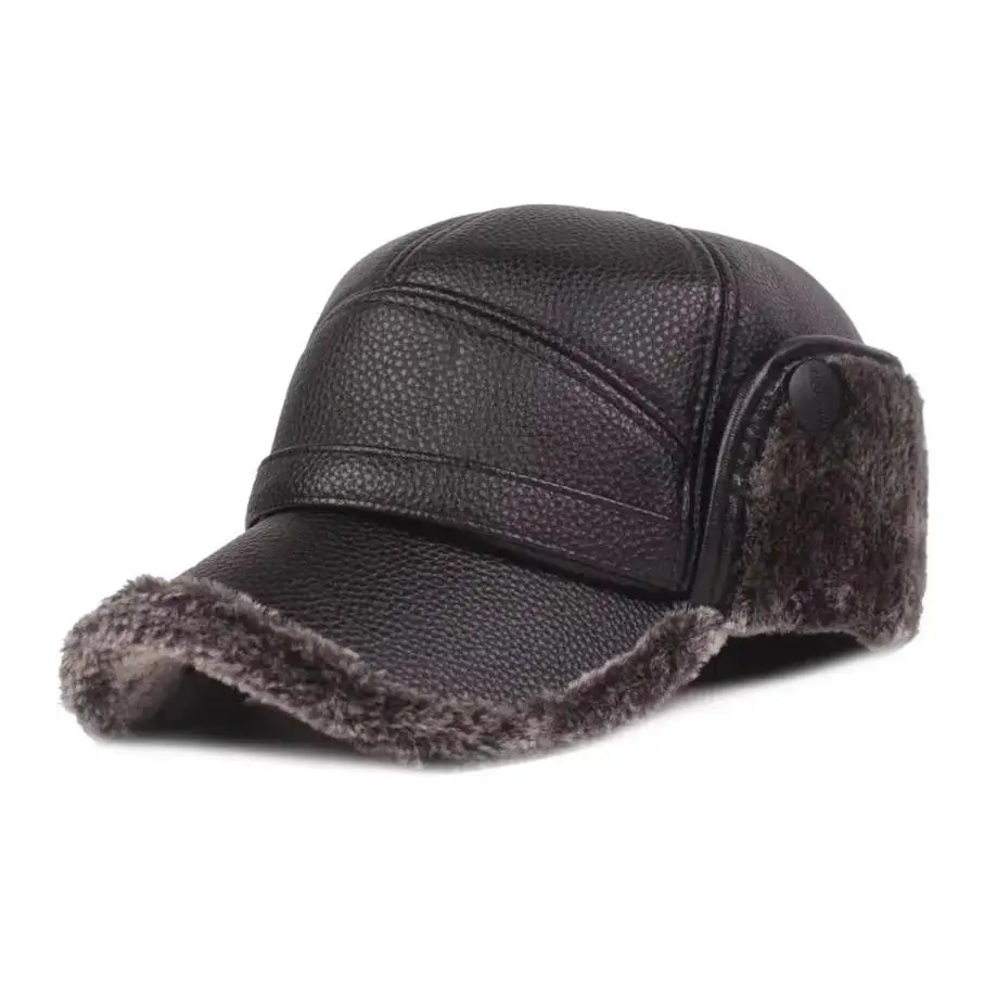 1 Pcs Hat Men Winter Warm Dad Old Man Leather Hat With Thick Velvet Windproof Old Man Ear Protection Duckbill Hat
