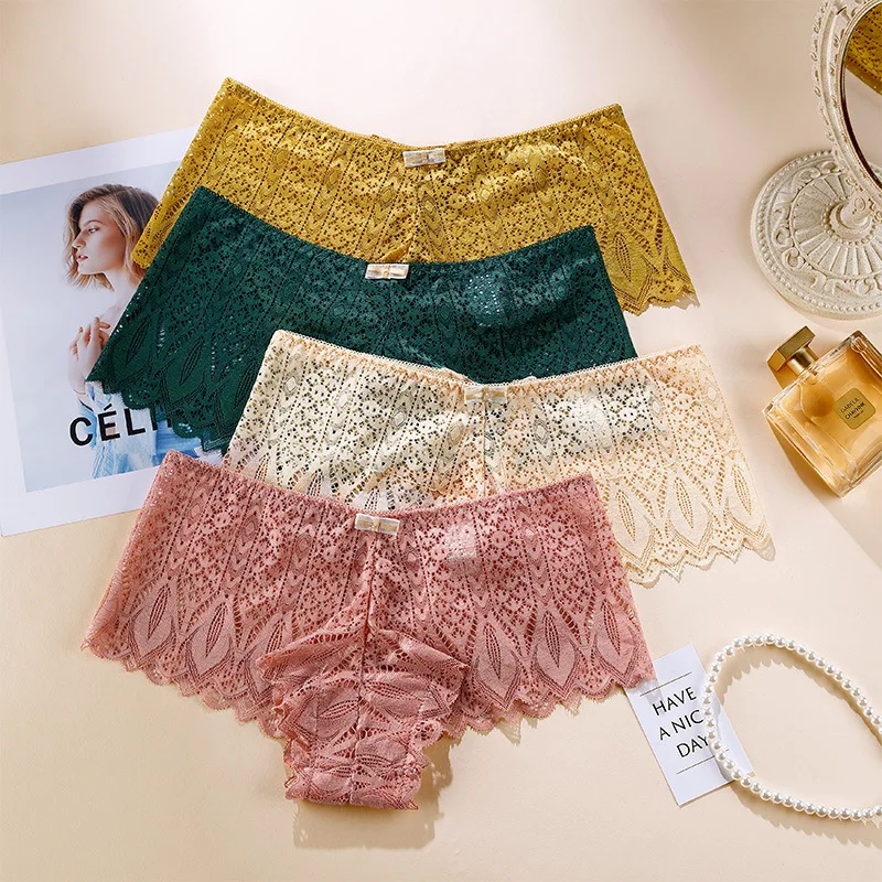 

Women's Ultra-thin Seamless boxer underwear Mid-Rise Lace Ruffles Hollow Out Boyshort Sexy Female Transparent Cross strap Briefs