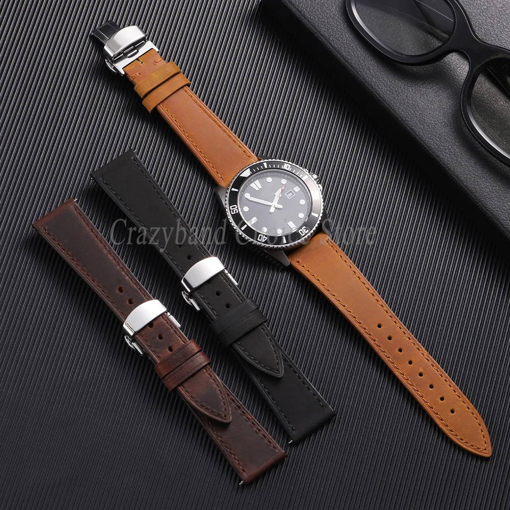 Elegant Brown Calfskin Leather Watch Strap with Butterfly Buckle
