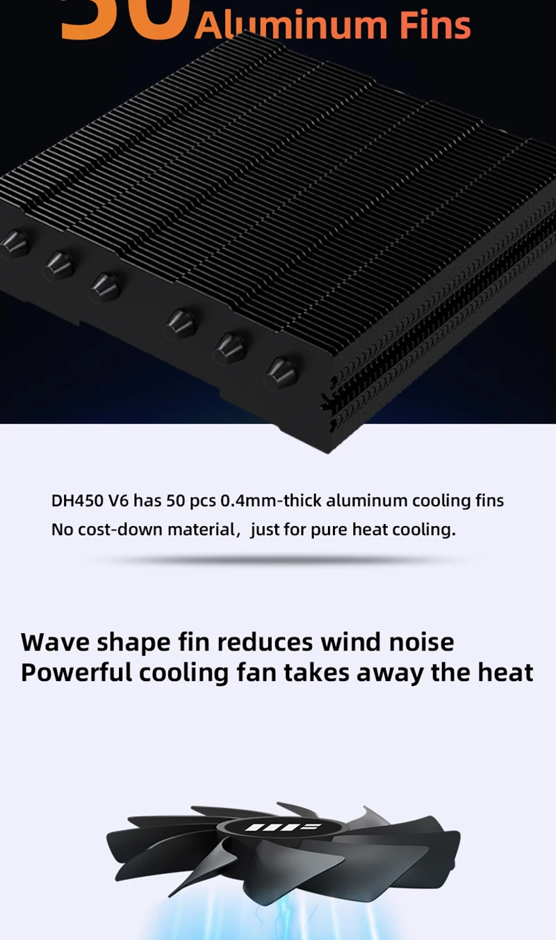 DH450 Low Profile CPU Cooler 45mm Height 6 Heatpipes ITX CPU Radiator 9CM PWM Fa