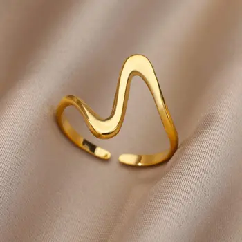 Vintage Geometric Wave Ring for Women Gold Stainless Steel Adjustable Aesthetic Wedding Jewelry