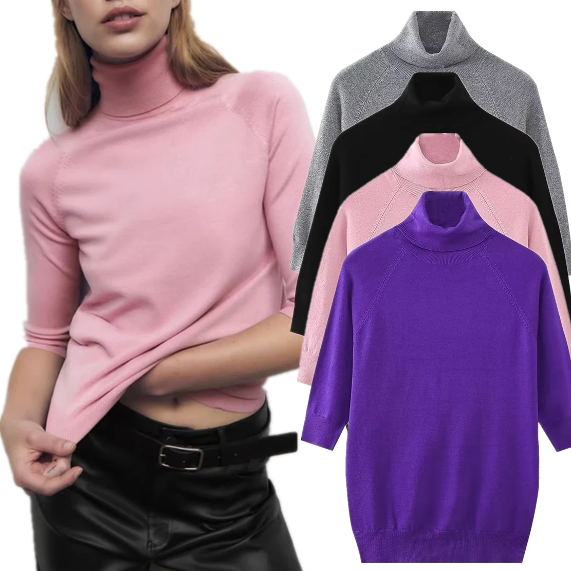 

Dave&Di 2023 Autumn British Fashion Turtleneck Simple Sweater Basic Short Top Sweater For Women