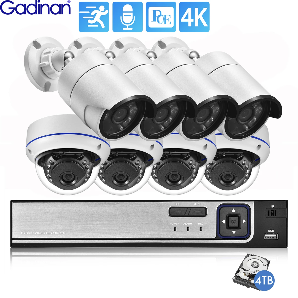 Gadinan 8MP Ultra HD POE Network Video Surveillance System 4K Security Cameras 4CH 8CH NVR Dome Bullet CCTV Kit Audio Record Set cctv camera for home