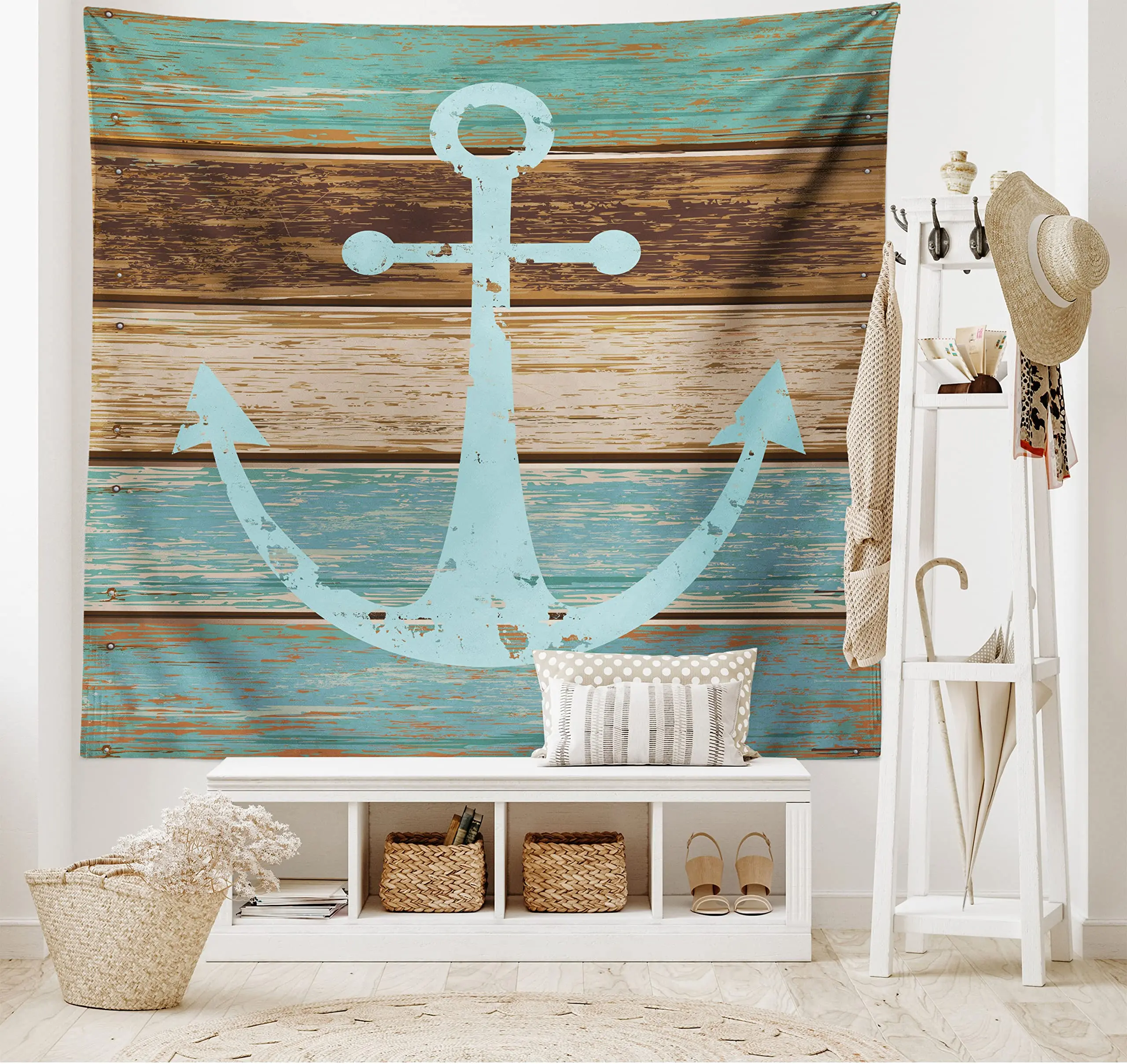 

Anchor Tapestry Timeworn Marine Weathered Wooden Planks Rustic Nautical Theme Hanging Bedroom Living Room Dorm Decor Teal Brown